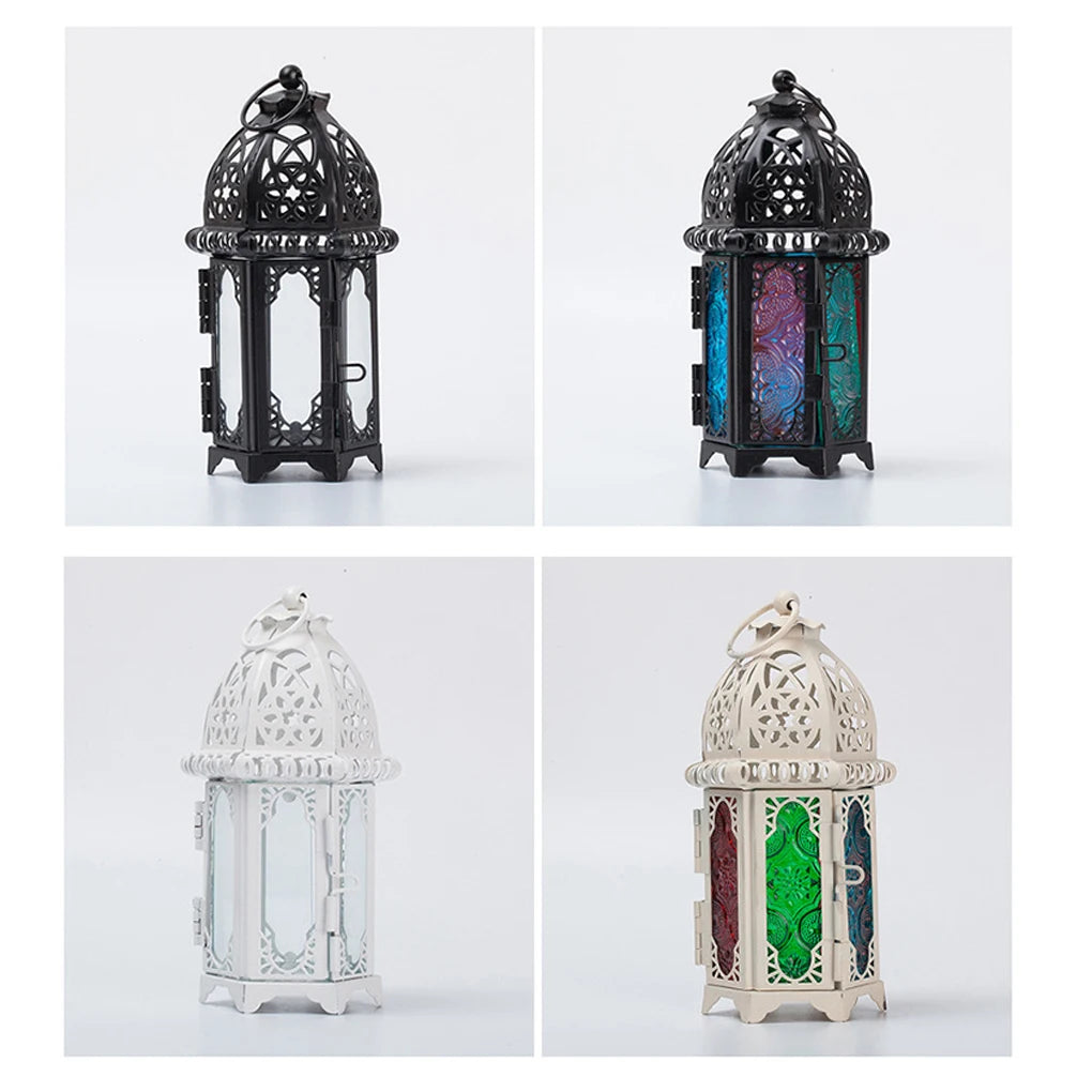 Glass Crystal Moroccan Candlestick Metal Hollow Candle Holder Home Coffee Shop Decoration Iron Hanging Candle Lantern