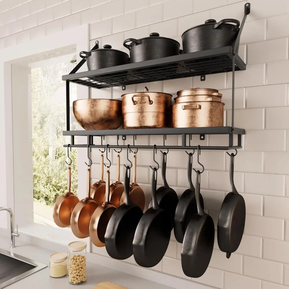 30-Inch Kitchen Pot Rack - Mounted Hanging Rack for Kitchen Storage and Organization - Matte Black 2-Tier Wall Shelf with Guard