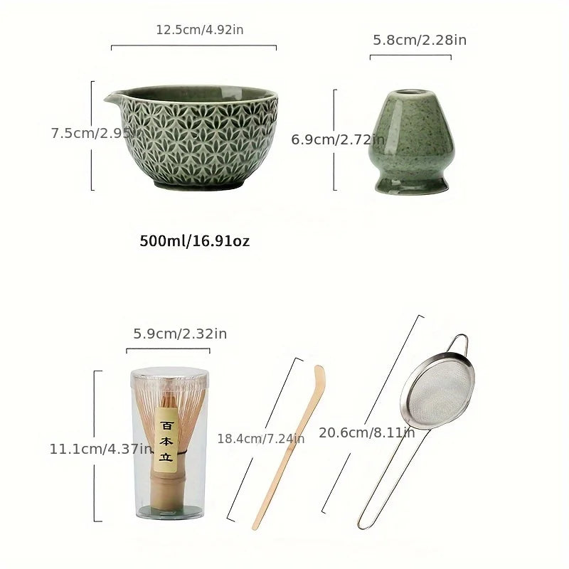 Japanese Matcha Set 2/5/6 Pieces - Green Pattern Tea Bowl, Bamboo Stirrer, Spoon & Filter - Traditional Japanese Tea Ceremony