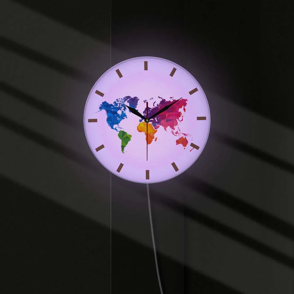 Einzigartige bunte Weltkarte-Wanduhr, geräuschloses Uhrwerk, moderne dekorative Wanduhr, geometrische Wandkunst, Einweihungsgeschenk für Reisende