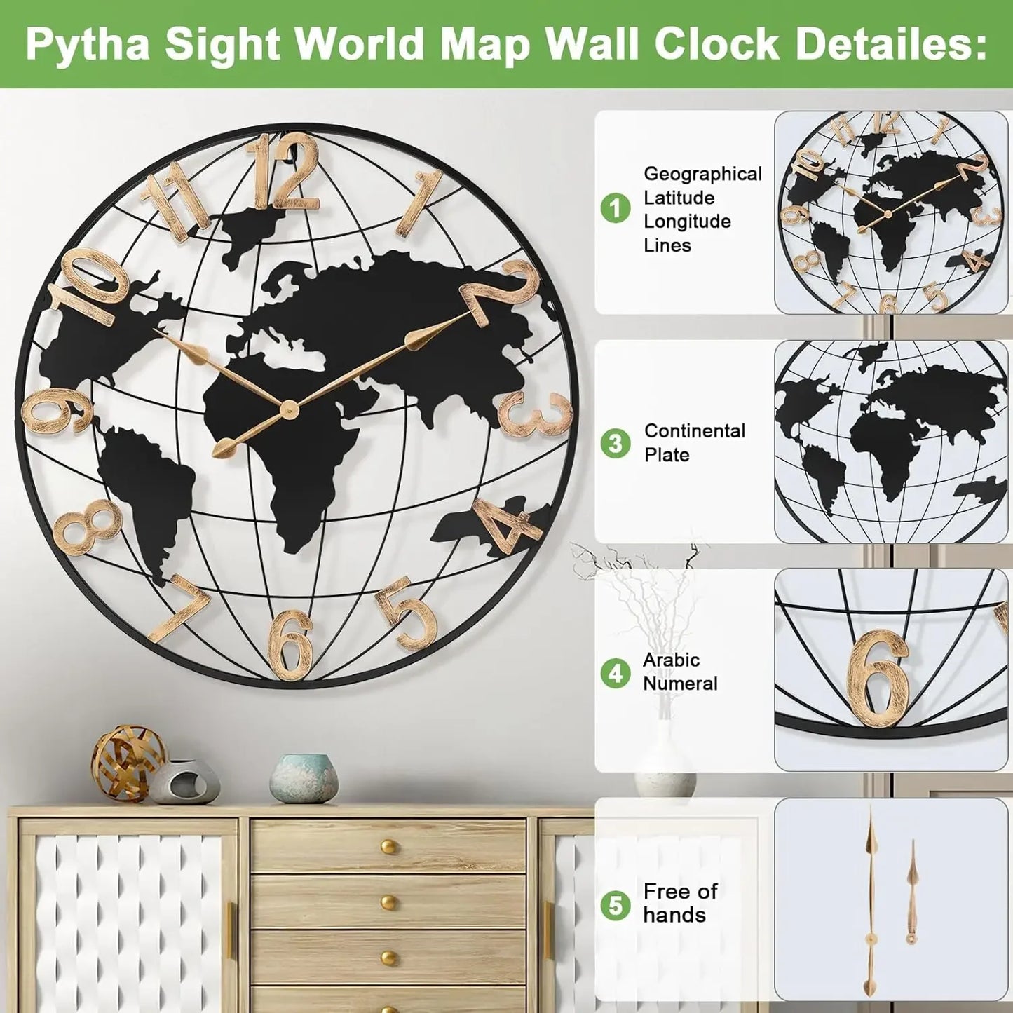 36 Inch Extra Giant Oversized Black Metal Wall Clock,Large Modern Decorative Silent World Map Wall Clock