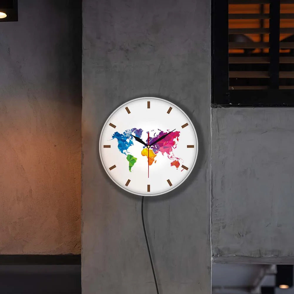 Einzigartige bunte Weltkarte-Wanduhr, geräuschloses Uhrwerk, moderne dekorative Wanduhr, geometrische Wandkunst, Einweihungsgeschenk für Reisende