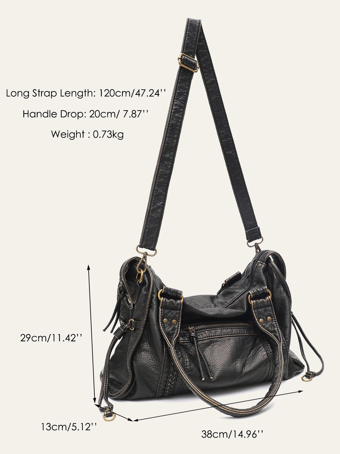 Vintage gewaschenes PU-Leder, große Kapazität, Reißverschlusstaschen, Zopfdekor, Schulter-Umhängetasche, Unisex, Damen, tägliche Reisehandtasche