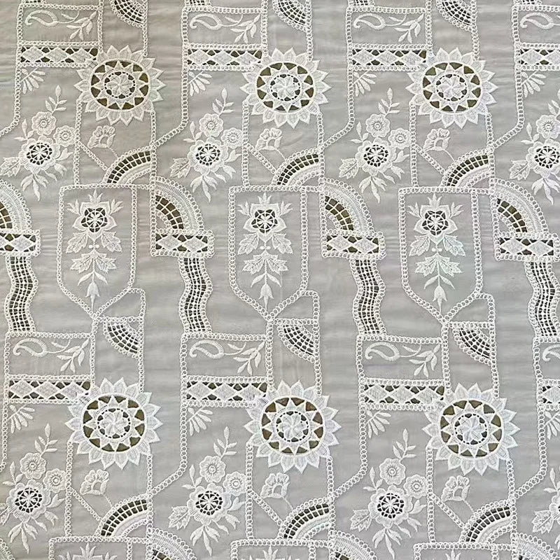 Laser embroidery fabric,lace hollow cotton thread embroidered chiffon fabric,for DIY Clothing,bridal wedding dress,home decor