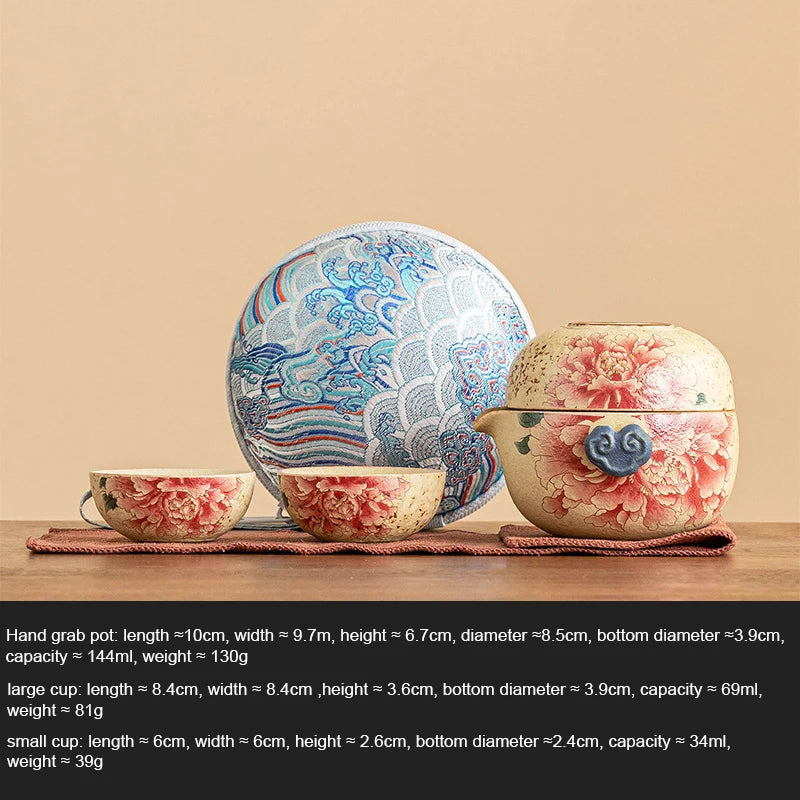 Hand Drawn Floral Ceramic Teaware Set Portable Travel Tea Set Outdoor Camping Kung Fu Tea Set 1 Pot 3 Cups Tea Brewing Utensils