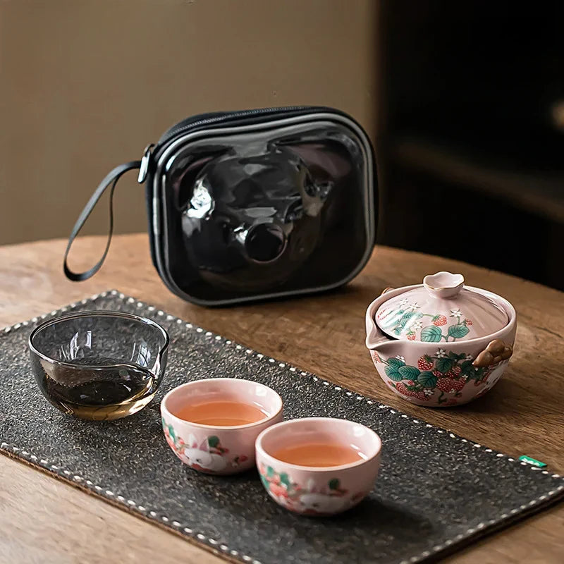 Cream Ru Kiln Porcelain Quick Guest Tea Set Portable Travel Tea Set
