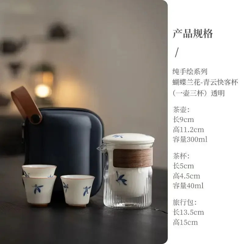 Hand Painted Orchid Travel Tea Set Suit Portable Portable Outdoor Tea Making Gaiwan Ceramic One Pot Fills Three Cups