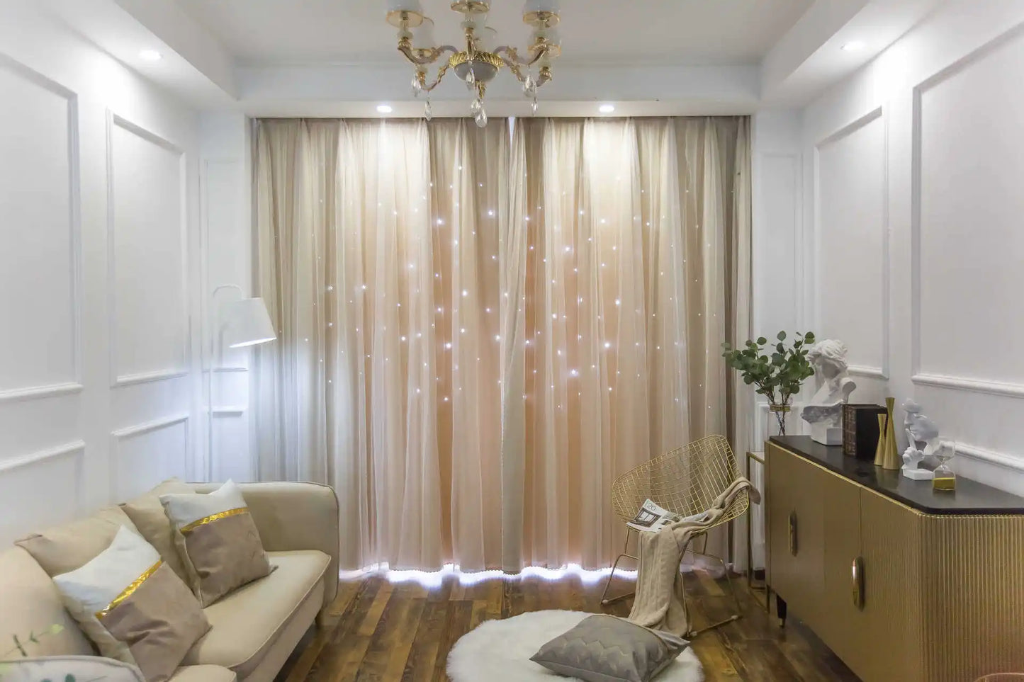 Custom Made Bright Double Layer Blackout Star Hollow Curtains with Lace Tulle Fabric for Home Living Room Bedroom Window Decor