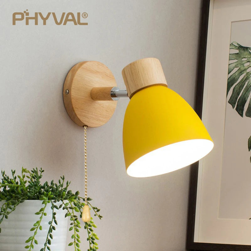 Koka ziemeļnieku sienas lampa ar slēdzi Modern Wall Sconce guļamistabas viesistabas mājas apgaismojumam Macaroon 6 krāsu stūres galviņa E27