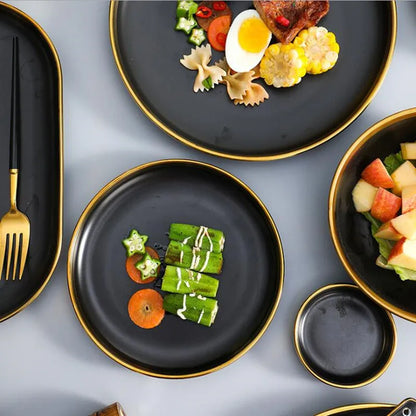 Gilt Rim Black Porcelain Dinner Plates Kitchen Dishes Ceramics Tableware Food Tray Rice Salad Noodles Bowl Cutlery Set