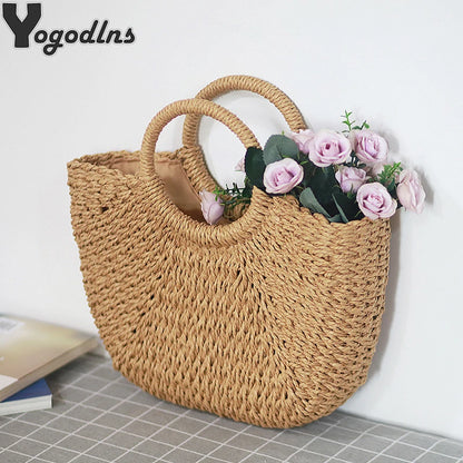 Bolsas hechas a mano de verano para mujeres tejidos de playa Bolsa de paja Bolsa de paja Bolsa de playa envuelta en forma de luna bolsos de mango de mango de mango