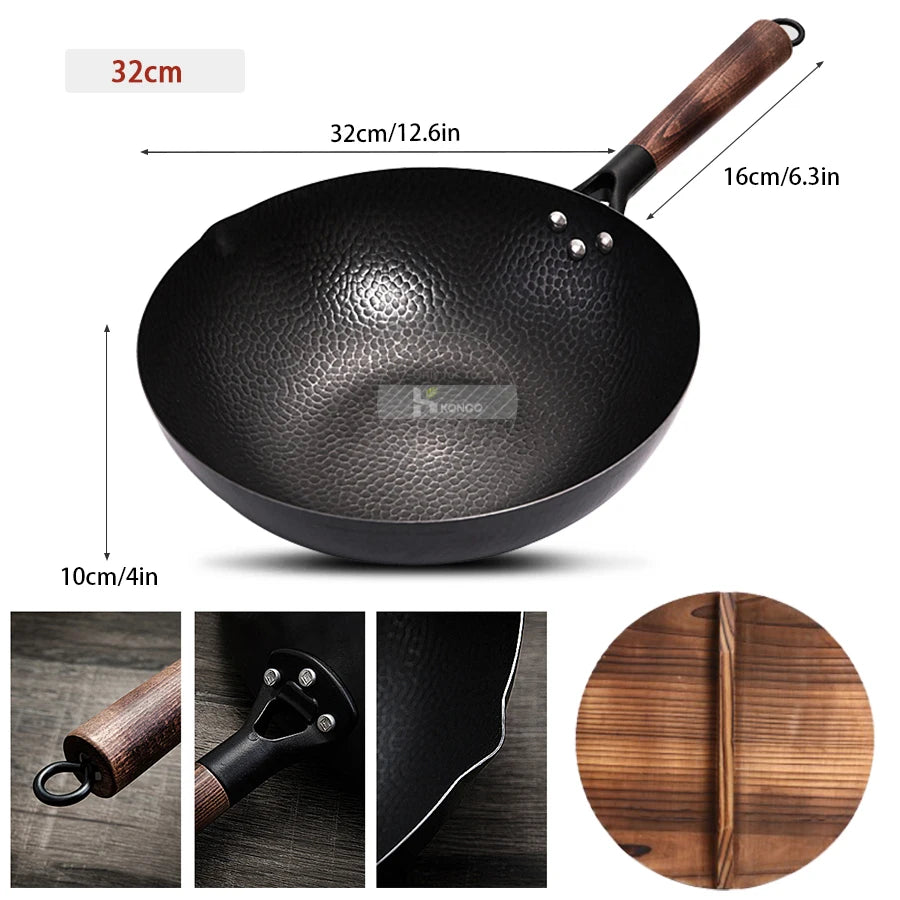 Konco Pure Iron Wok Cast Iron Pot non revêtu Utilisation générale pour le gaz et l'induction Cuiseur 32 cm