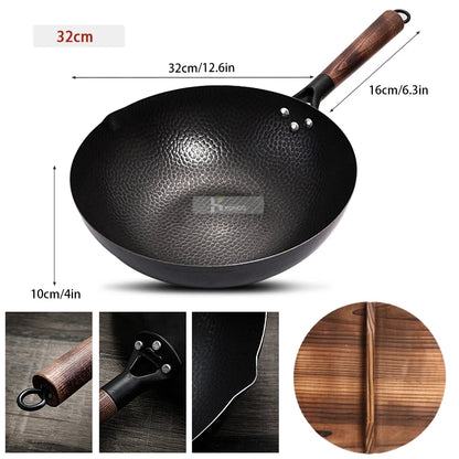 KONCO Pure Iron Wok Ferro fundido Pan de panela não revestida Uso geral para fogão a gás e indução Pan de panelas chinesas de 32 cm