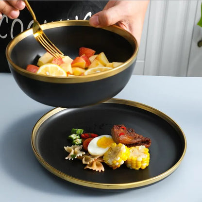 De Gilt rim Black Porzellain Dinner Platen Kichen Platzen Kichen Cambare Food Reis Reis Nuddelen Bäischen