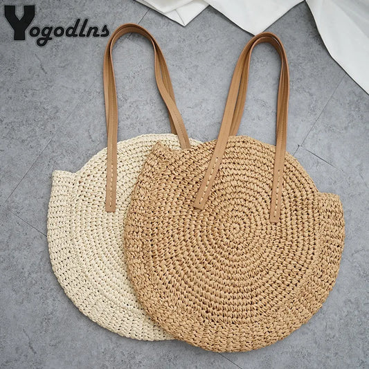 Round Straw Beach Bag Vintage Håndlavet Vævet skulderpose Raffia Circle Rattan Bags Bohemske sommerferie afslappet tasker