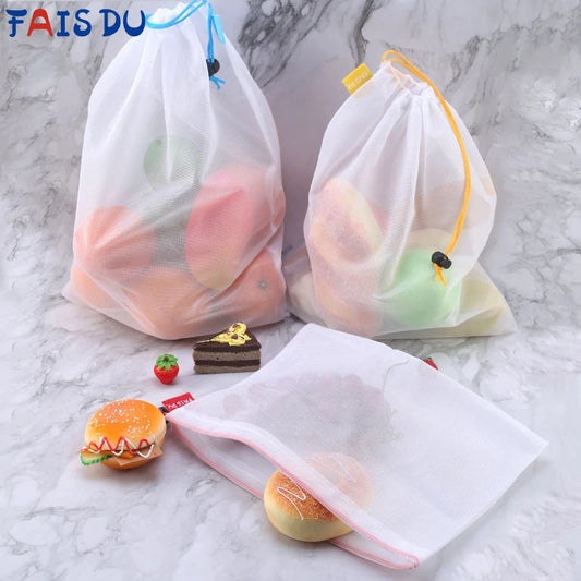 FAIS DU 5pcs Mesh Reusable Storage Bags Comes With Logo Fruit Vegetable Home Washable Bags Kitchen Storage Bags Storage Supplies