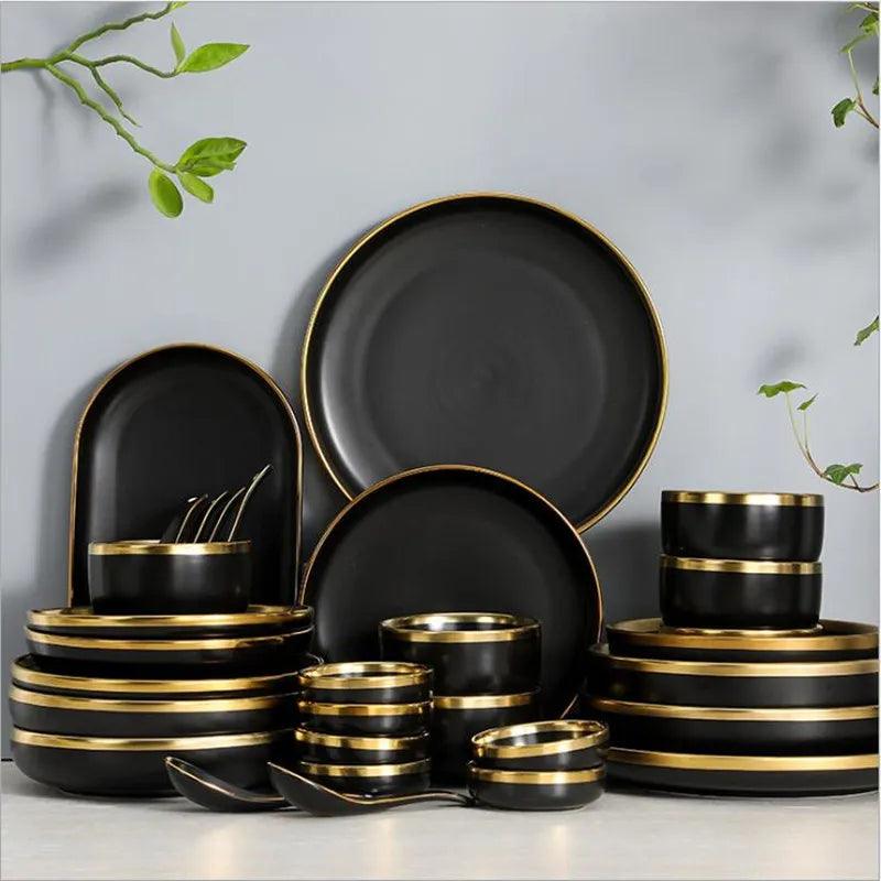 De Gilt rim Black Porzellain Dinner Platen Kichen Platzen Kichen Cambare Food Reis Reis Nuddelen Bäischen