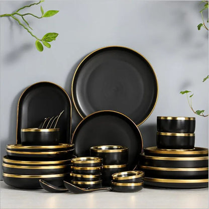 Rim Rim Black Porcelain Dîner assiettes Plats de cuisine Céramique Table Varelle Plateau de nourriture Salade de riz Nouilles Couvoirs de bol