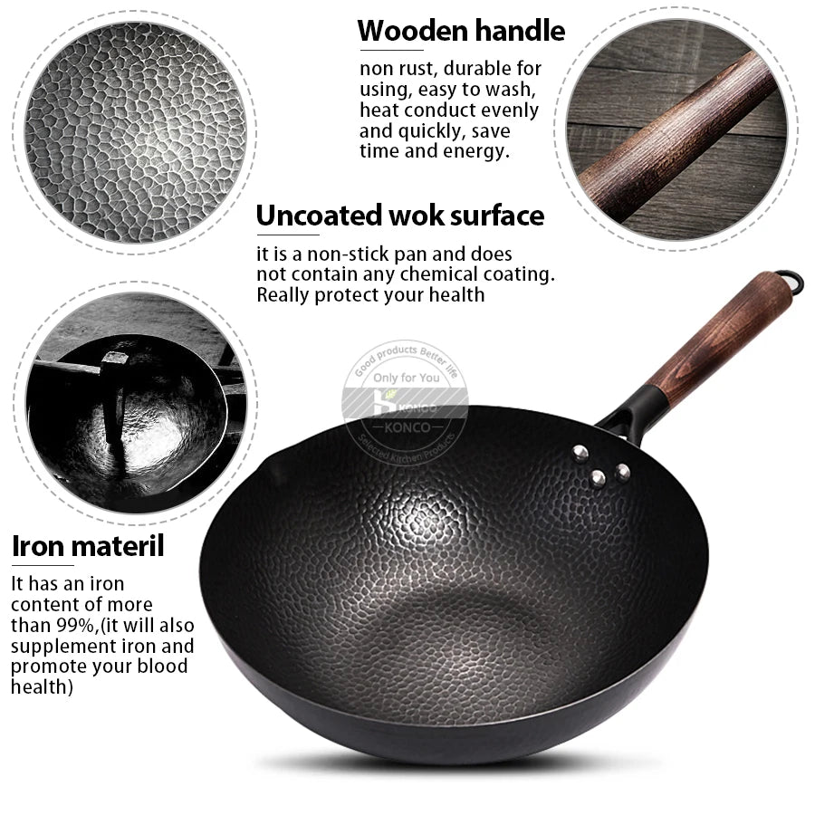 Konco Pure Iron Wok Tigaie din fontă din fontă Utilizare generală pentru gaz și aragaz de inducție 32cm chineză WOK Panouri de gătit