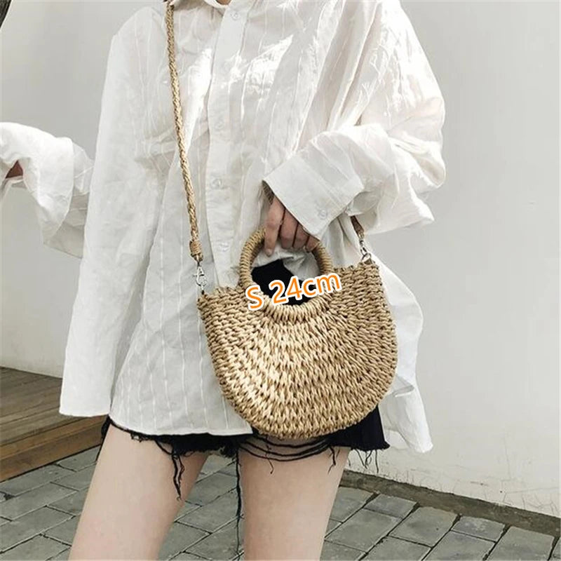 Bolsas hechas a mano de verano para mujeres tejidos de playa Bolsa de paja Bolsa de paja Bolsa de playa envuelta en forma de luna bolsos de mango de mango de mango