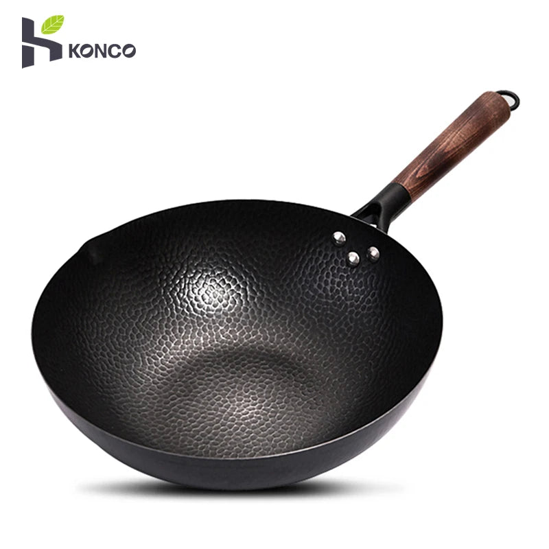 Konco Iron Wok Gusseisenpfanne Nicht beschichtetes Topf Allgemeiner Gebrauch für Gas- und Induktionskocher 32 cm chinesische Wok-Kochgeschirrpfanne Küchenwerkzeuge