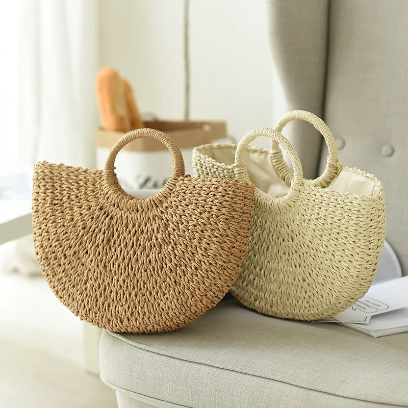 Bolsas hechas a mano de verano para mujeres tejidos de playa Bolsa de paja Bolsa de paja Bolsa de playa envuelta en forma de luna bolsos de mango de mango de mango