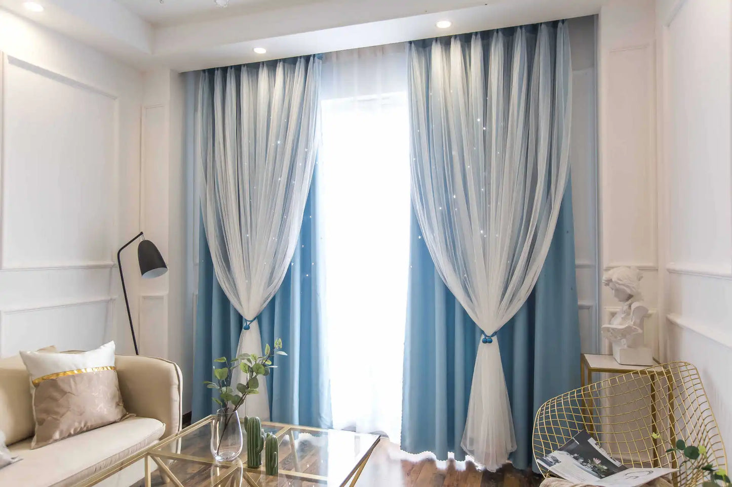 Custom Made Bright Double Layer Blackout Star Hollow Curtains with Lace Tulle Fabric for Home Living Room Bedroom Window Decor
