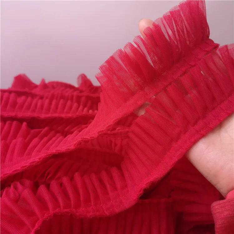 5CM Wide Double Layers 3D Pleated Mesh Lace Fabric Ruffle Trim Embroidered Collar Ribbon Sewing Clothing Skirt Splicing Material