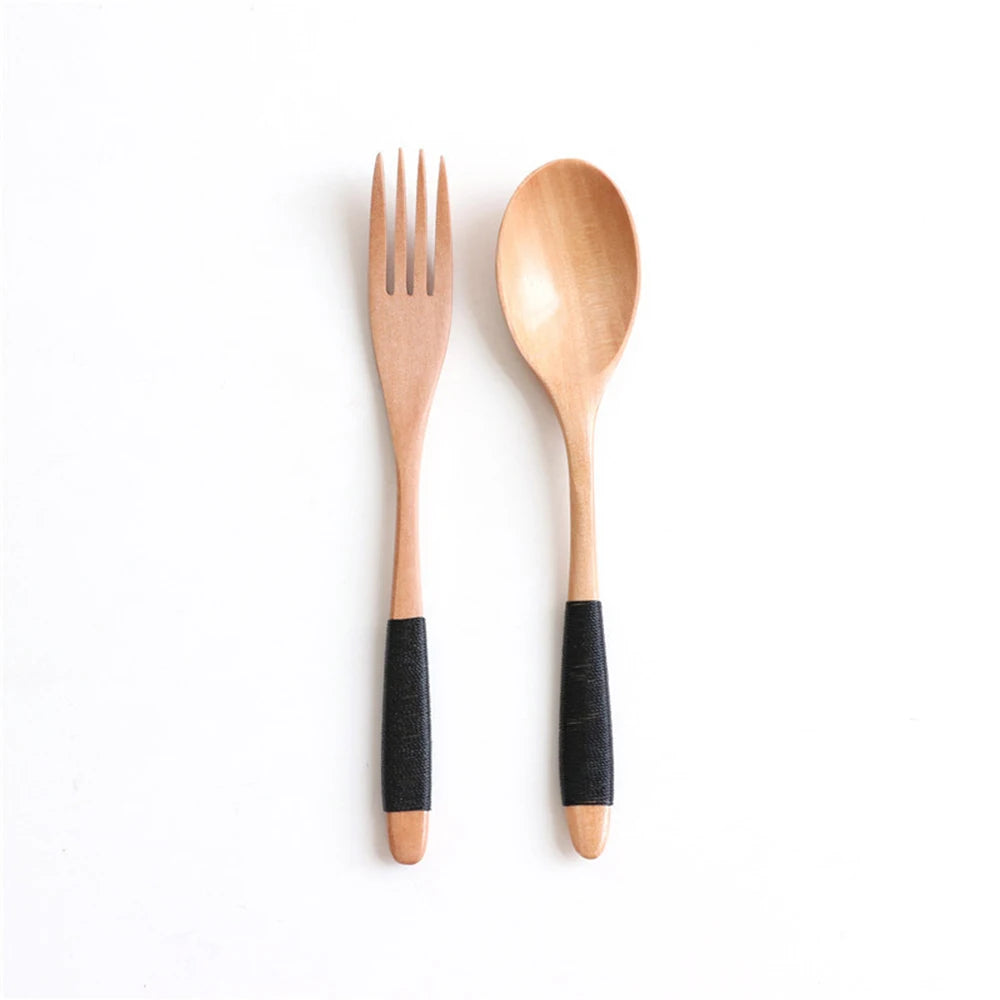 2PCS Natural Wooden Spoon & Fork Dinner Kit Rice Soups Utensil Cereal Handmade Home Tableware Dinnerware Cutlery For Kicthen