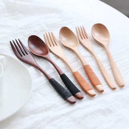 2PCS Natural Wooden Spoon & Fork Dinner Kit Rice Soups Utensil Cereal Handmade Home Tableware Dinnerware Cutlery For Kicthen