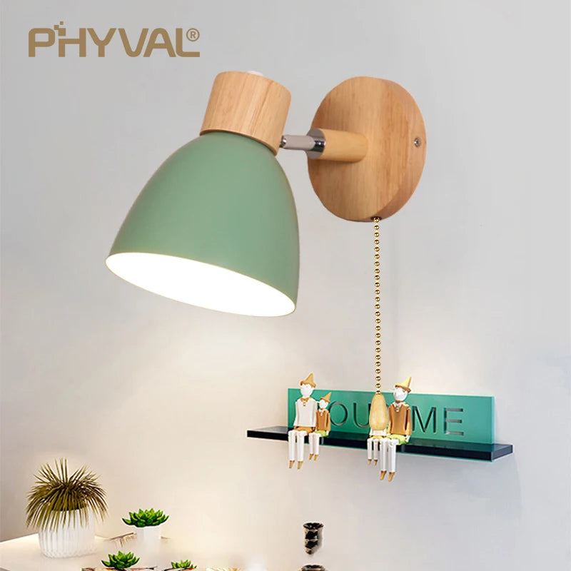 Houten Noordse wandlamp met schakelaar Moderne wandkandidaat voor slaapkamer Woonkamer Huisverlichting Macaroon 6 Kleuren Steerkop E27