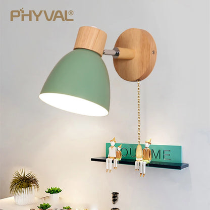 Koka ziemeļnieku sienas lampa ar slēdzi Modern Wall Sconce guļamistabas viesistabas mājas apgaismojumam Macaroon 6 krāsu stūres galviņa E27