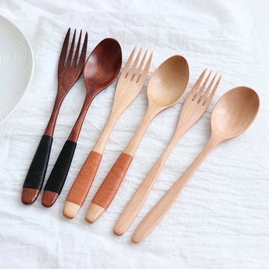 2pcs Natural Wooden Spoon & Fork Kit Kit Kit Rice Soups Soups Конечная зерновые ручной работы на домашней посуде столовые приборы столовые приборы для Kicthen