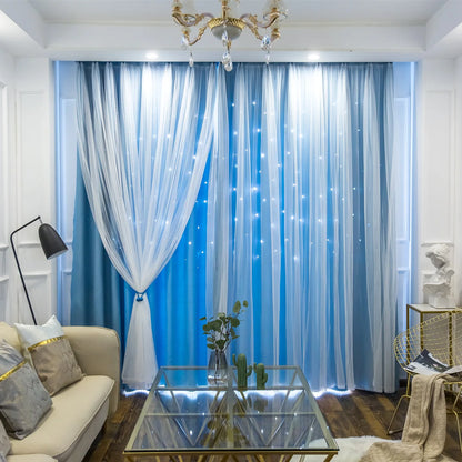 Custom Made Bright Double Layer Blackout Star Hollow Curtains with Lace Tulle Fabric for Home Living Room Bedroom Window Decor