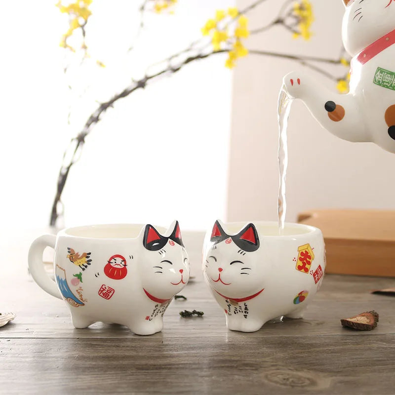 Söpö japanilainen onnekas kissan posliini -teesarja luova Maneki Neko Ceramic Tea Cup Potin suodattimella ihana plutus -kissan teekannu muki