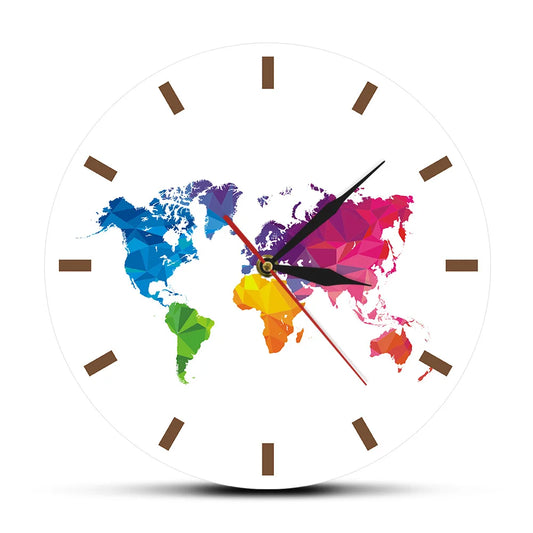 Unique Colorful World Map Wall Clock Silent Movement Modern Decorative Wall Watch Geometric Wall Art Housewarming Traveler Gift
