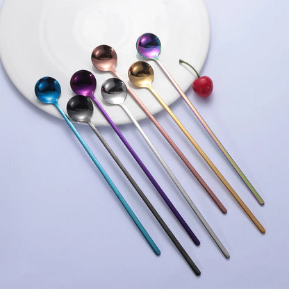 Rainbow Color Coffee Tea Stir Stiron à longue manche Gil Ice Cream Dessert Spoons Eco-Friendly en acier inoxydable