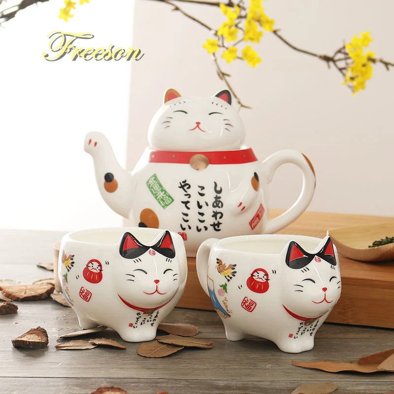 Söpö japanilainen onnekas kissan posliini -teesarja luova Maneki Neko Ceramic Tea Cup Potin suodattimella ihana plutus -kissan teekannu muki