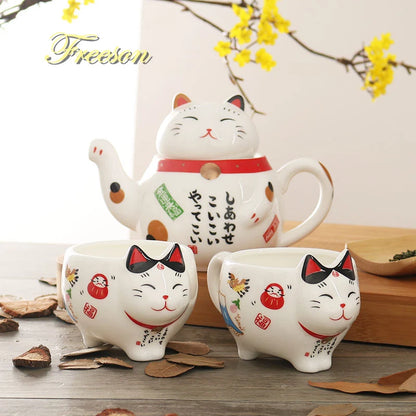 LONOGO japonês Lucky Cat Porcelain Tea Set Creative Maneki Neko Ceramic Tea Cup Pote com filtro Lovely Plutus Cat Bule caneca