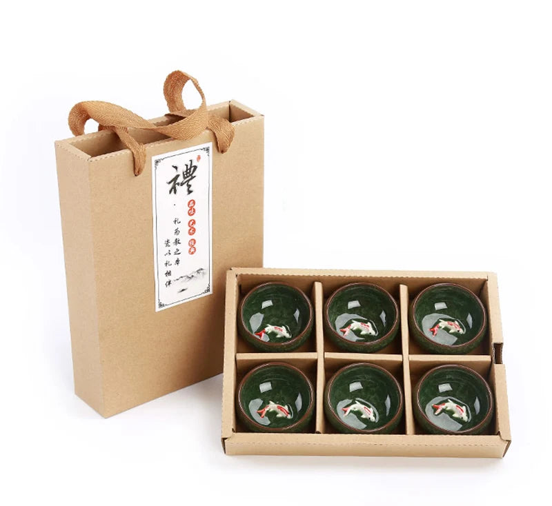 Paquete de regalo 6 piezas 3D Juego de taza de té de China de pescado dorado, juego de té Kung Fu Glaze Glaze Tail Tazón de té chino