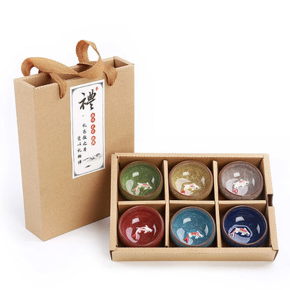 Paquete de regalo 6 piezas 3D Juego de taza de té de China de pescado dorado, juego de té Kung Fu Glaze Glaze Tail Tazón de té chino