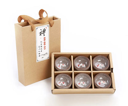 Paquete de regalo 6 piezas 3D Juego de taza de té de China de pescado dorado, juego de té Kung Fu Glaze Glaze Tail Tazón de té chino