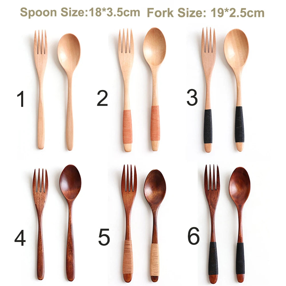 2PCS Natural Wooden Spoon & Fork Dinner Kit Rice Soups Utensil Cereal Handmade Home Tableware Dinnerware Cutlery For Kicthen