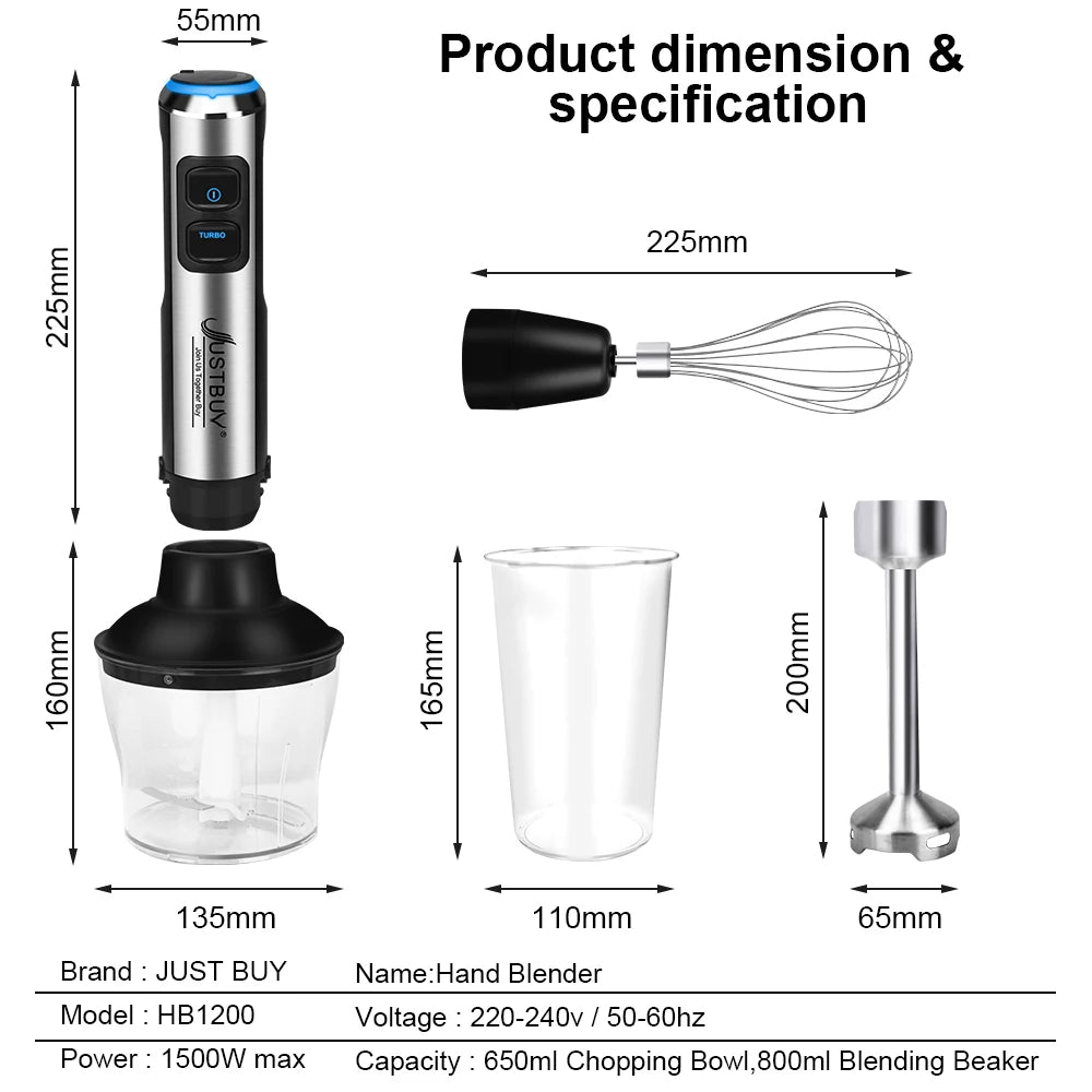 LED Factory Prijs 1500W 6/4 in 1 elektrische stok hand commerciële blender voedselverwerkingsverwerkings ei -whisk mixer juicer vleesmolen