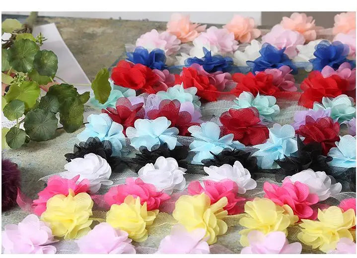 Flor de 24pcs （2 jardas） Applique 3d chiffon renda renda de renda acabamento diy véu véu