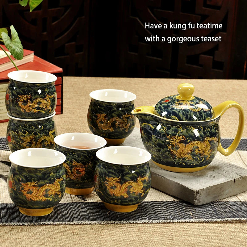 Chinese Ceramic Tea Set Kung Fu Porcelain Tea Cup Pot Set Dragon Teapot Teacup Kungfu Teaset Puer Oolong Tea Ceremony Teaware
