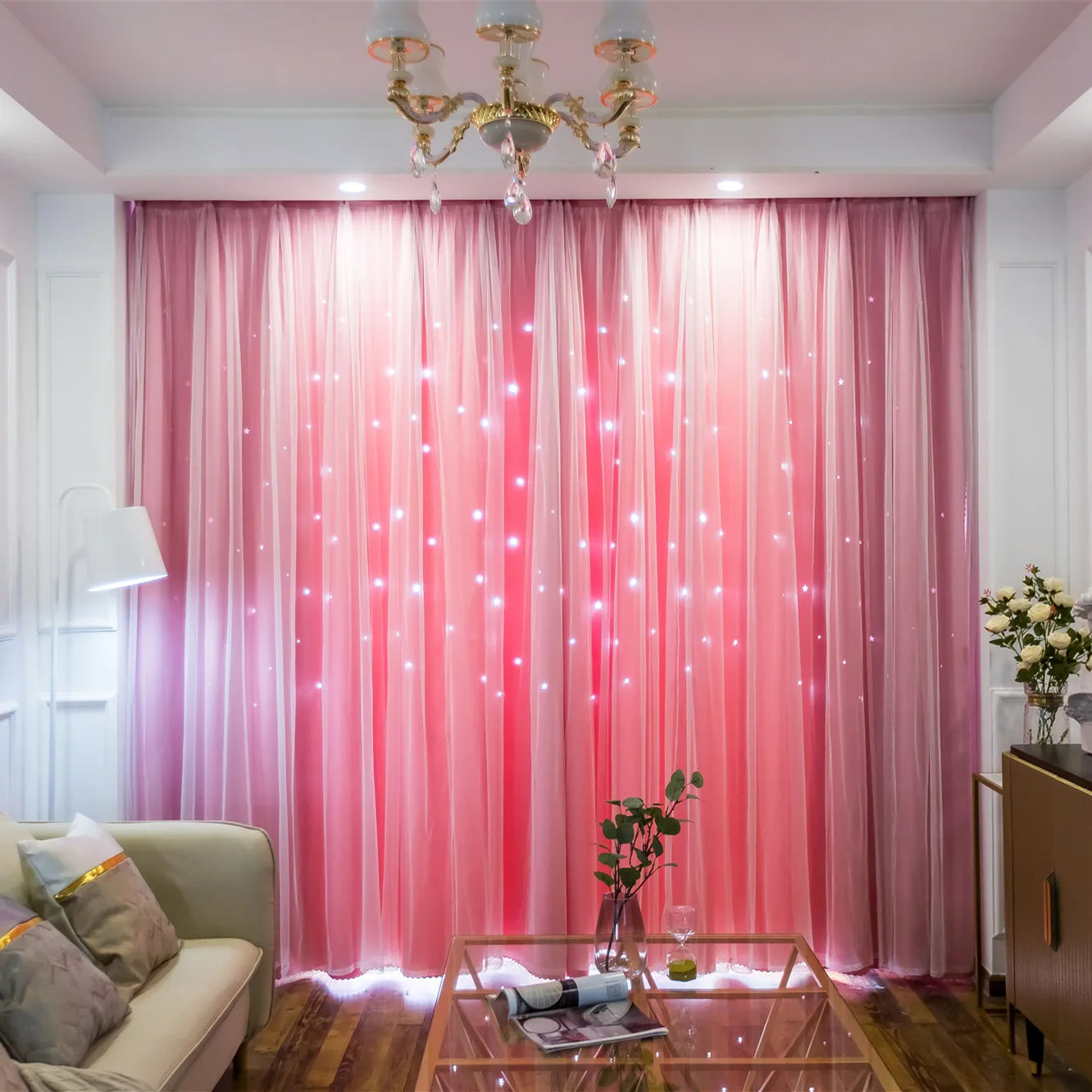 Custom Made Bright Double Layer Blackout Star Hollow Curtains with Lace Tulle Fabric for Home Living Room Bedroom Window Decor