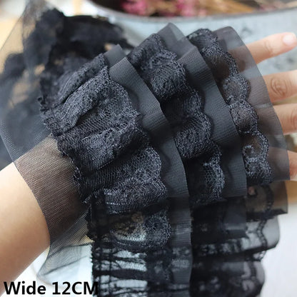 12 cm bred hvid sorte tre lag 3D plisseret mesh chiffon stof broderet ruffle trim diy kjole tøj krave syede indretning