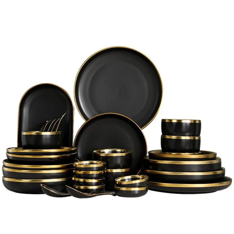 Gilt Rim Black Porcelain Dinner Plates Kitchen Dishes Ceramics Tableware Food Tray Rice Salad Noodles Bowl Cutlery Set