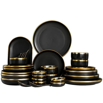 Rim Rim Black Porcelain Dîner assiettes Plats de cuisine Céramique Table Varelle Plateau de nourriture Salade de riz Nouilles Couvoirs de bol